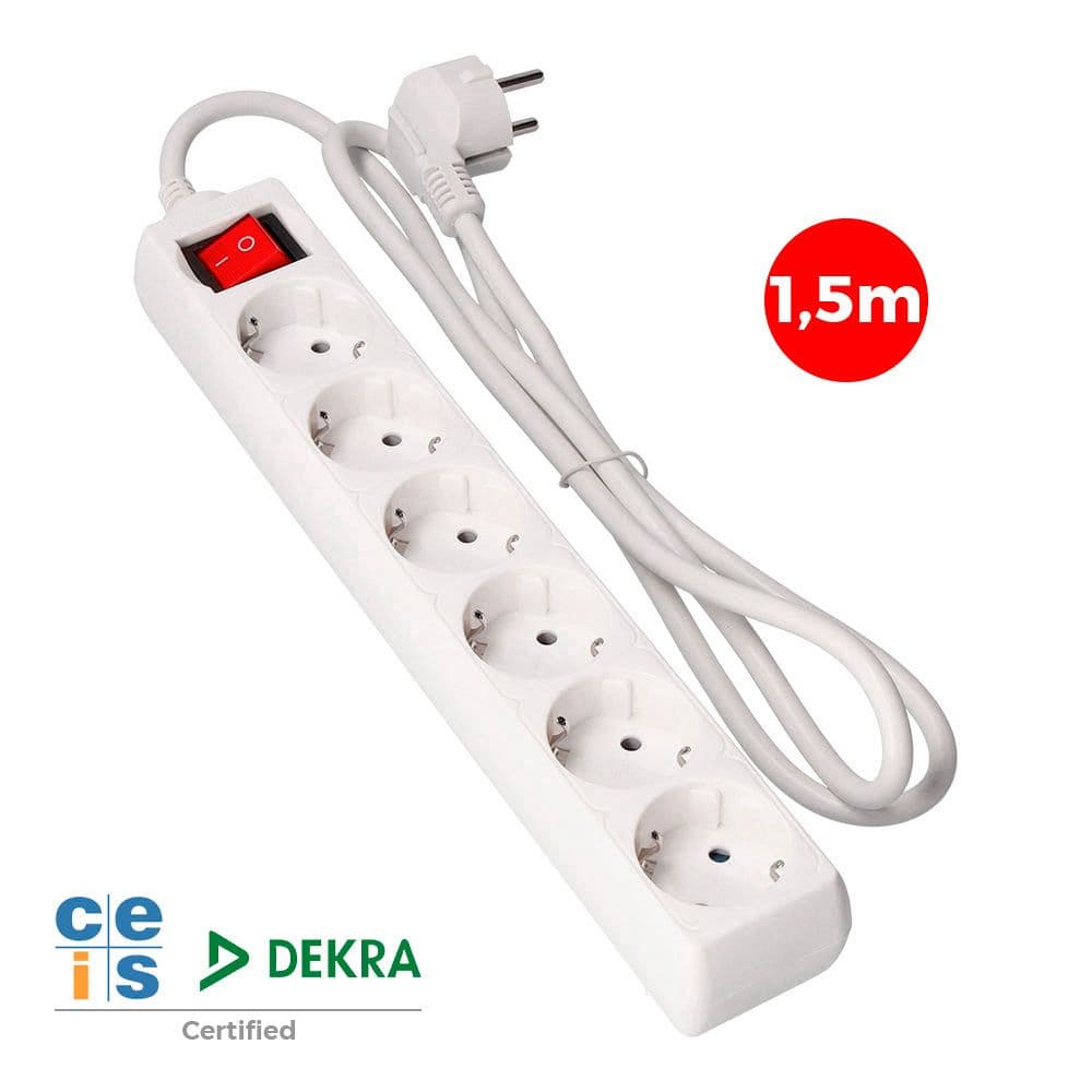 BASE MÚLTIPLE 6 TOMAS 2P+T CON INTERRUPTOR LUMINOSO, 16A 250 V~ 1,5 m DE CABLE H05VV-F 3 G 1,5 mm² BLANCA