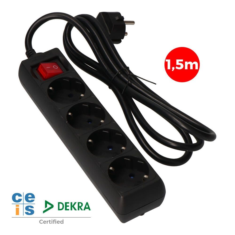 BASE MÚLTIPLE 4 TOMAS 2P+T CON INTERRUPTOR LUMINOSO, 1,5 m DE CABLE H05VV-F 3G1,5 mm², 16A 250V~, NEGRA