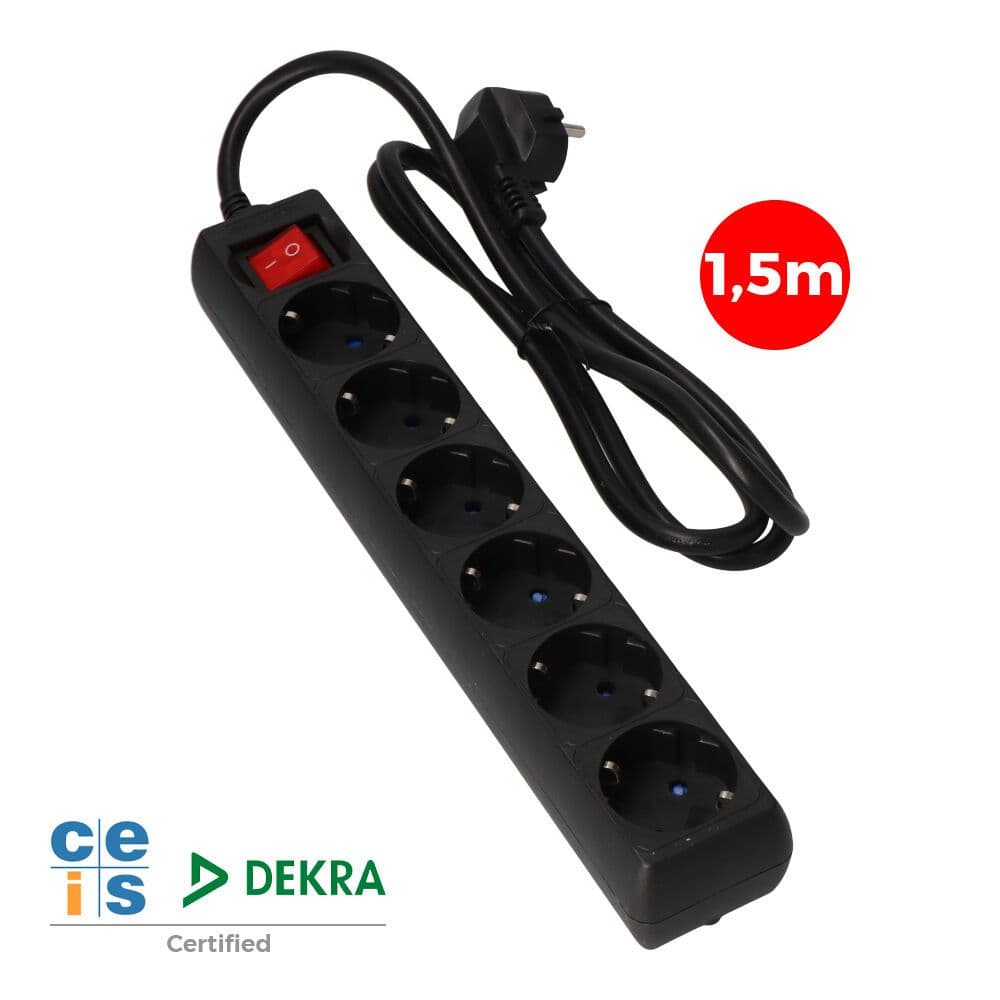 BASE MÚLTIPLE 6 TOMAS 2P+T CON INTERRUPTOR LUMINOSO, 1,5 m DE CABLE H05VV-F 3G1,5 mm², 16A 250V~, NEGRA