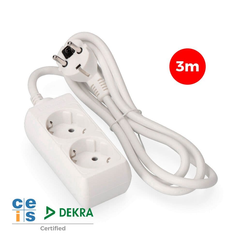 BASE MÚLTIPLE, 2 TOMAS SCHUKO 2P+T, 3 m DE CABLE H05VV-F 3G1,5 mm² 16A 250V~ 3680 W, BLANCA