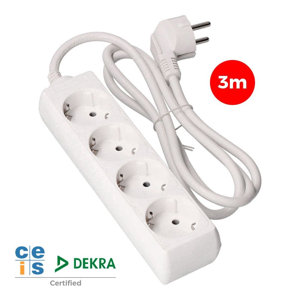 BASE MÚLTIPLE, 4 TOMAS SCHUKO 2P+T, 3 m DE CABLE H05VV-F 3G1,5 mm² 16A 250V~ 3680 W, BLANCA