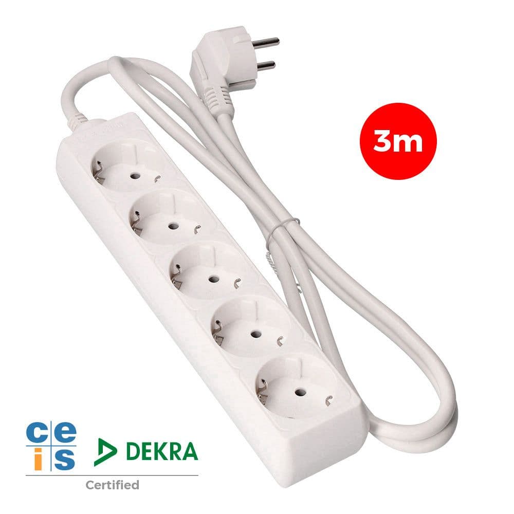 BASE MÚLTIPLE, 5 TOMAS SCHUKO 2P+T, 3 m DE CABLE H05VV-F 3G1,5 mm² 16A 250V~ 3680 W, BLANCA