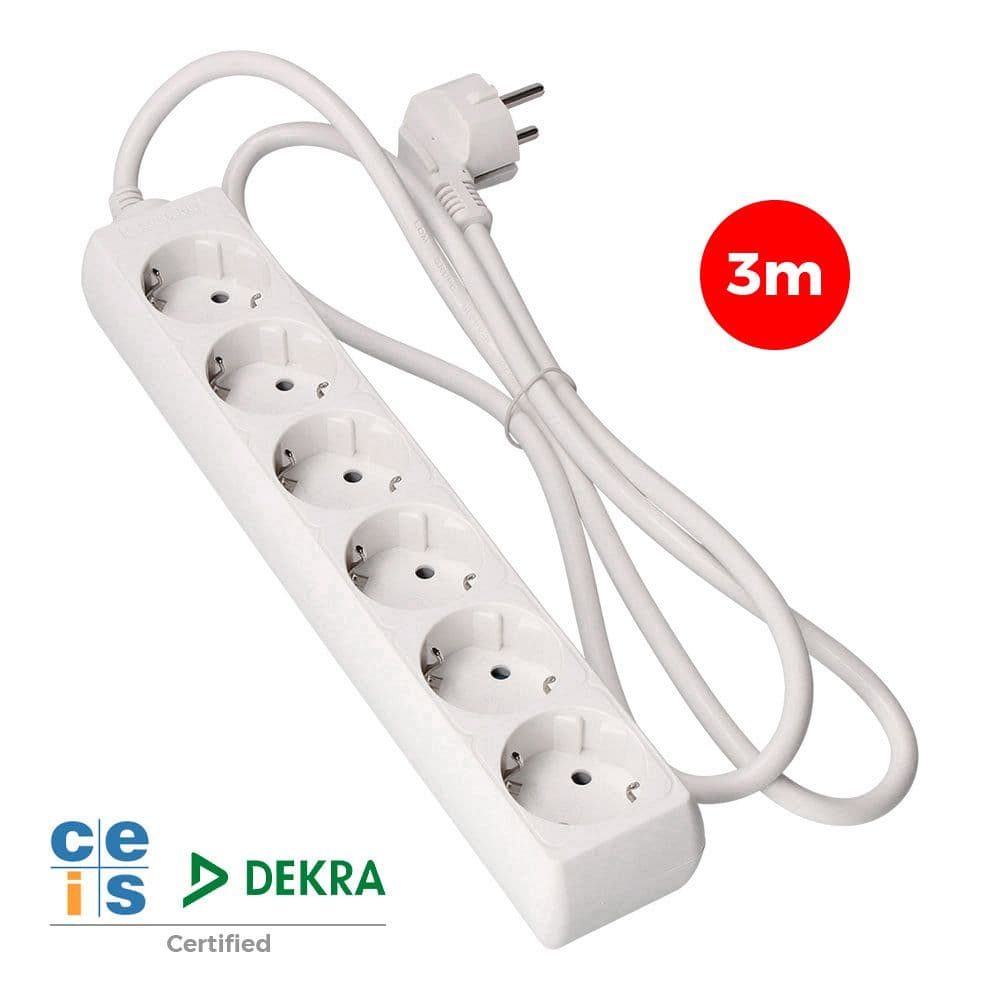BASE MÚLTIPLE, 6 TOMAS SCHUKO 2P+T, 3 m DE CABLE H05VV-F 3G1,5 mm² 16A 250V~ 3680 W, BLANCA