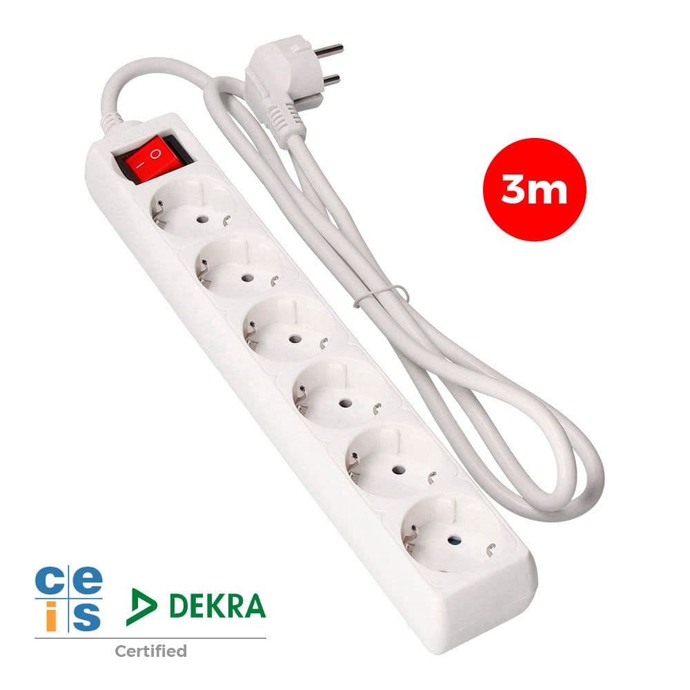 BASE MÚLTIPLE 6 TOMAS 2P+T CON INTERRUPTOR LUMINOSO, 3 m DE CABLE H05VV-F 3G1,5 mm², BLANCA