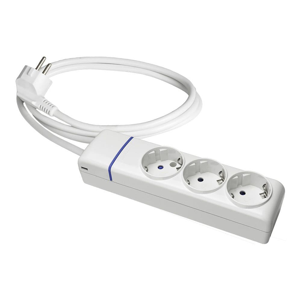 BASE MÚLTIPLE CON 3 TOMAS 2P+T 1,5 m DE CABLE H05VV-F 3G1,5 mm², 16 A 250 V 3680 W, BLANCA