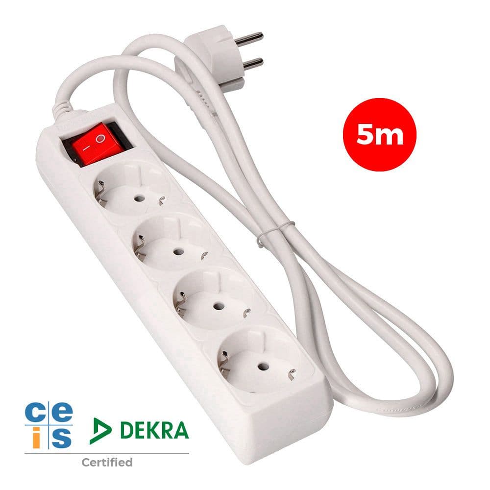 BASE MÚLTIPLE 4 TOMAS 2P+T CON INTERRUPTOR LUMINOSO, 5 m DE CABLE H05VV-F 3G1,5 mm², BLANCA