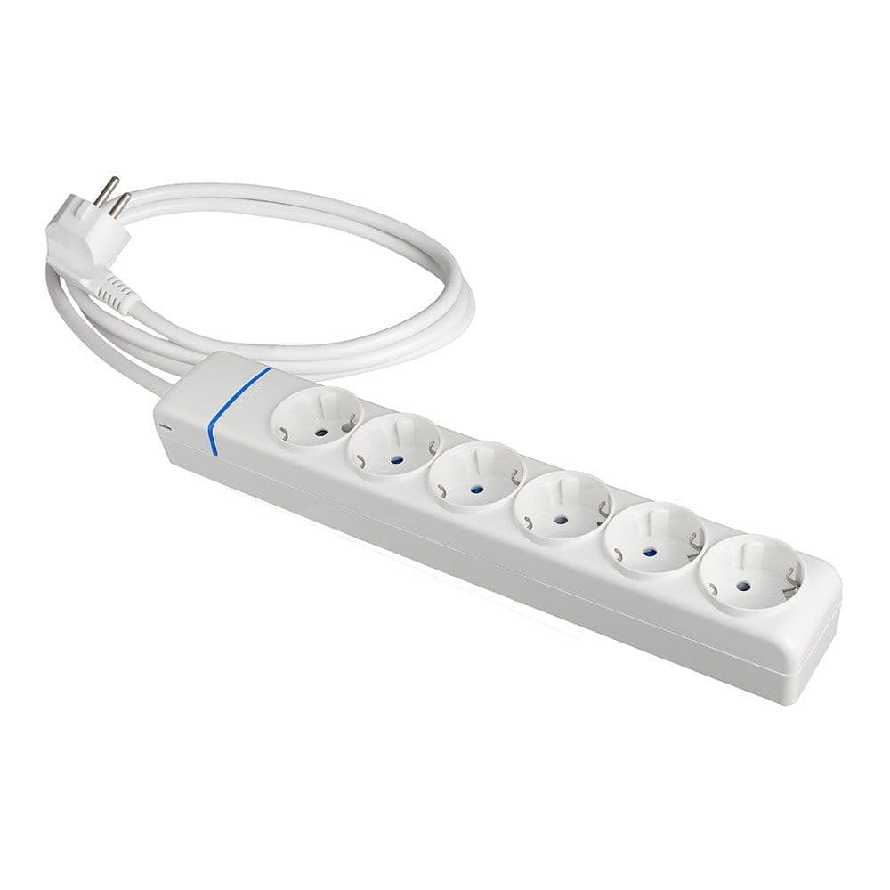BASE MÚLTIPLE CON 6 TOMAS 2P+T 1,5 m DE CABLE H05VV-F 3G1,5 mm², 16 A 250 V 3680 W, BLANCA