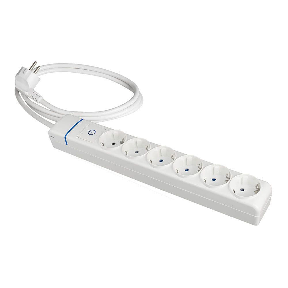 BASE MÚLTIPLE CON 6 TOMAS 2P+T, CON INTERRUPTOR LUMINOSO, 1,5 m CABLE H05VV-F 3G1,5 mm², BLANCA