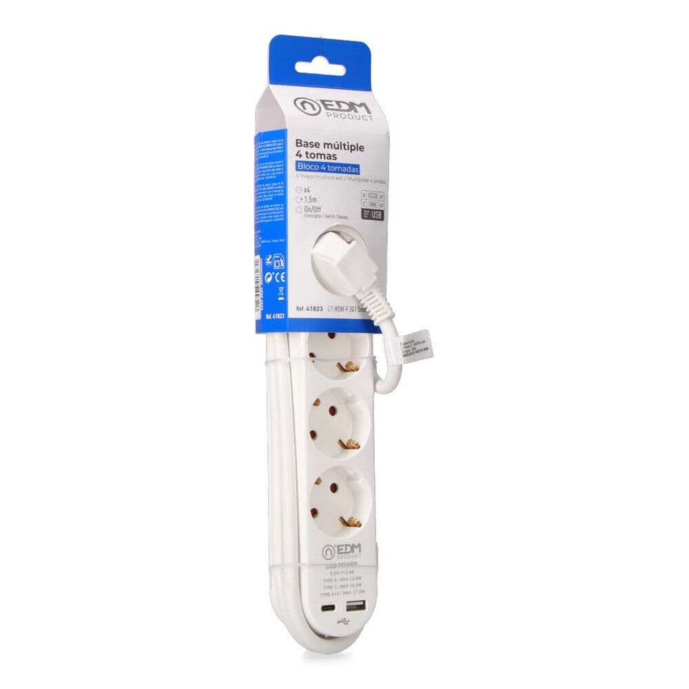 BASE MÚLTIPLE 4 TOMAS SCHUKO, INTERRUPTOR, 2 USB A + C, 1,5m DE CABLE H05VV-F, 3G1,5 mm², 16A 250V~, BLANCA