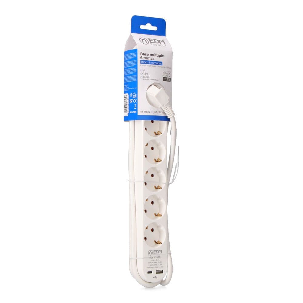 BASE MÚLTIPLE 6 TOMAS SCHUKO, INTERRUPTOR, 2 USB A + C, 1,5m DE CABLE H05VV-F, 3G1,5 mm², 16A 250V~, BLANCA
