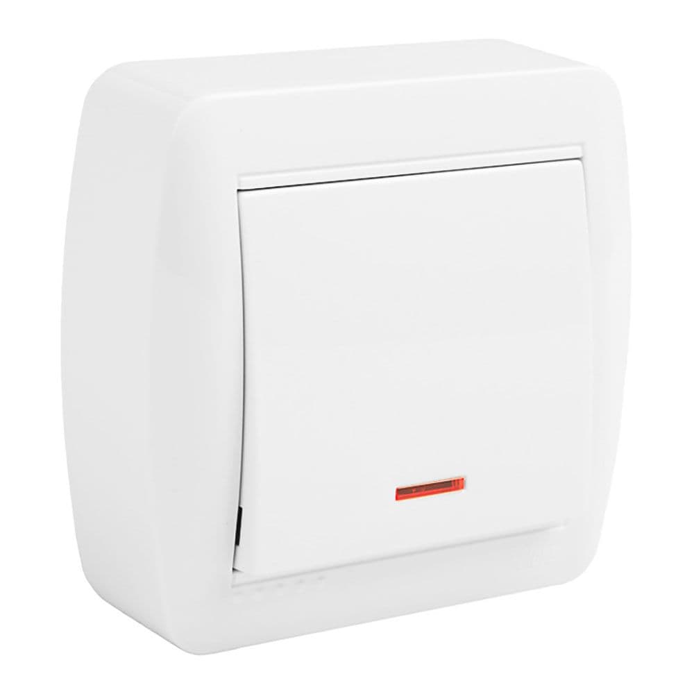 CONMUTADOR UNIPOLAR CON INDICADOR LUMINOSO SUPERFICIE MURAL 74 x 72 x 28 mm