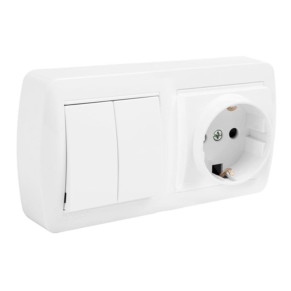 BASE 2P+T TIPO F BIPOLAR CON T/TL, DOBLE CONMUTADOR Y CON OBTURADOR SUPERFICIE MURAL 148 x 72 x 42 mm