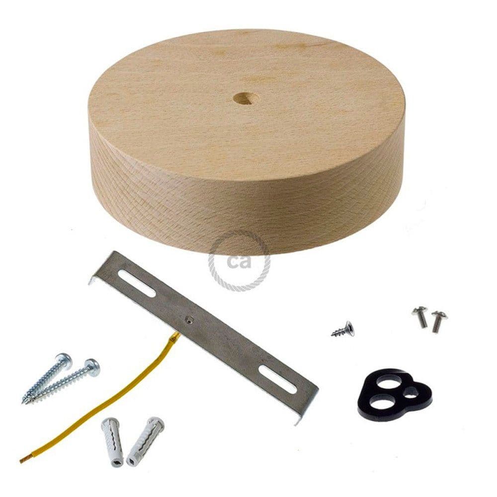 KIT FLORÓN MADERA Ø120 x 32 mm, AGUJERO CENTRAL DE 10 mm, PARA CABLE TÉXTIL