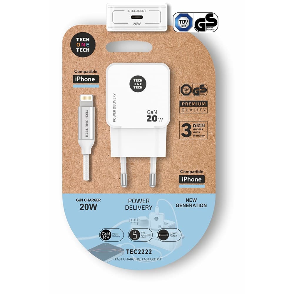 CARGADOR ULTRA RÁPIDO GaN 20 W + CABLE USB-C A LIGHTNING BLANCO DE 1 m