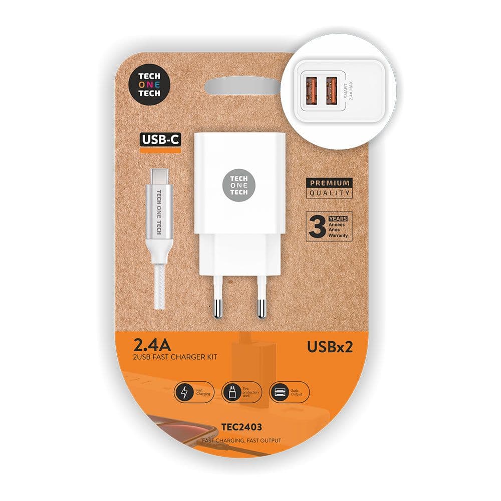 CARGADOR DOBLE BLANCO + CABLE NYLON USB-C 2,4 A 12 W 5 V