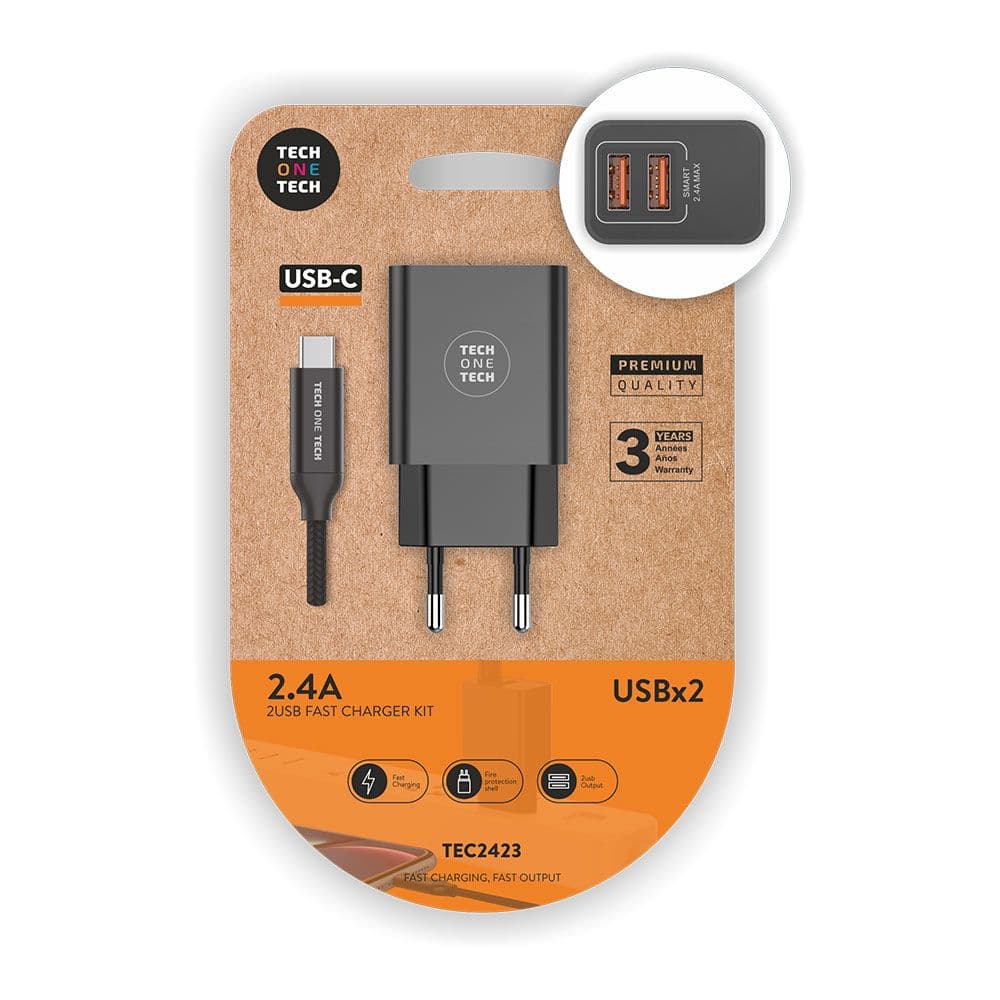 CARGADOR DOBLE 2,4 A + CABLE NYLON USB-C NEGRO