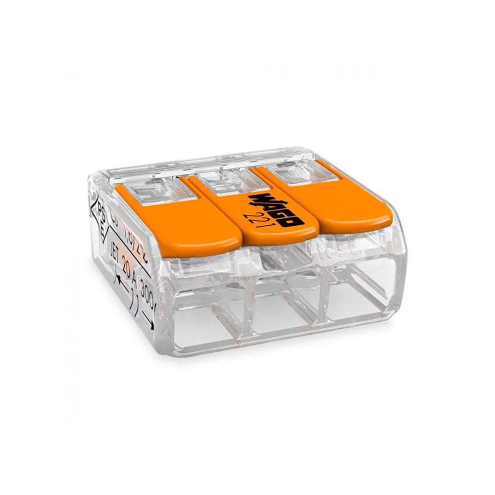 CONECTOR RÁPIDO CON PALANCA 3 VIAS, Ø MAXIMO 4 mm², 450 V , 32 A - TRANSPARENTE - 18,8 x 18,6 x 8,4 mm