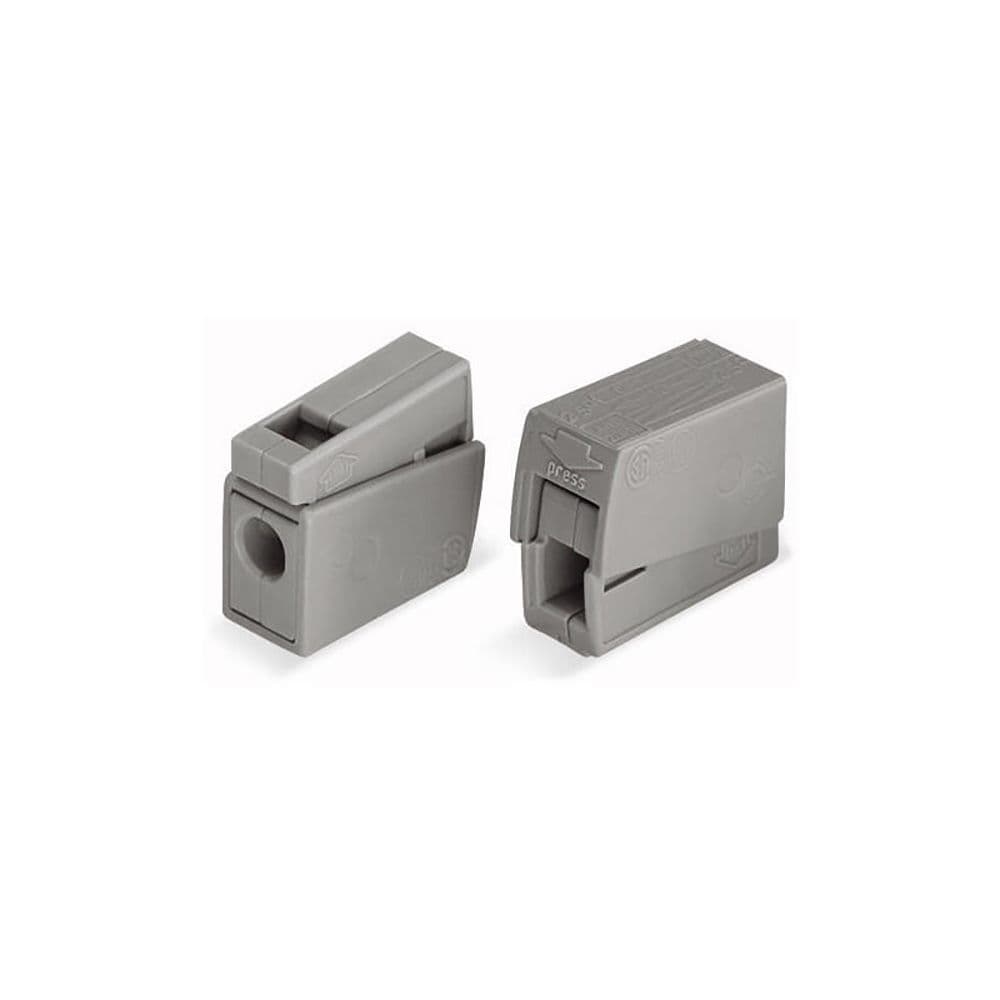 CONECTOR RÁPIDO EN LINEA PRESILLA 2 VIAS, 1 RÍGIDO + 1 RÍGIDO, SEMIRÍGIDO O FLEXIBLE - Ø MÁXIMO 2,5 mm², GRIS