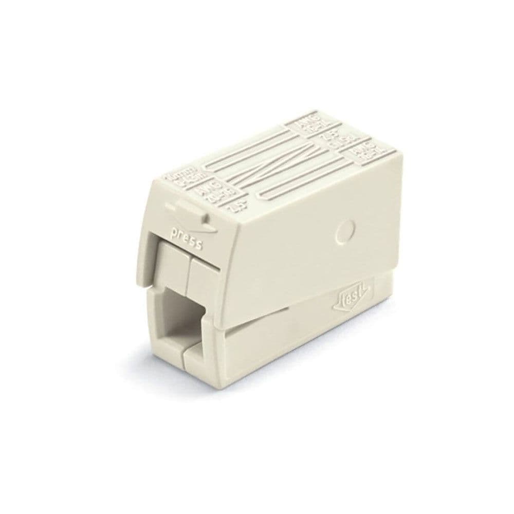 CONECTOR RÁPIDO EN LINEA PRESILLA 3 VIAS, 2 RÍGIDOS + 1 RÍGIDO, SEMIRÍGIDO O FLEXIBLE - Ø MÁXIMO 2,5 mm², BLANCO