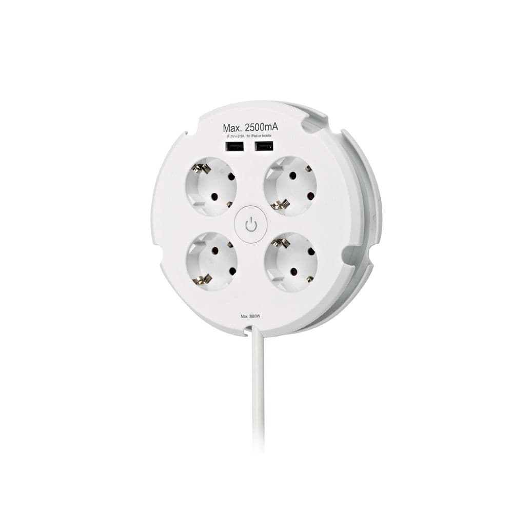 BASE MÚLTIPLE REDONDA 4 TOMAS 2P+T SCHUKO, CON INTERRUPTOR+ 2 USB, 1,5 m DE CABLE H05VV-F 3G1,5 mm², 16 A 250 V~, BLANCA