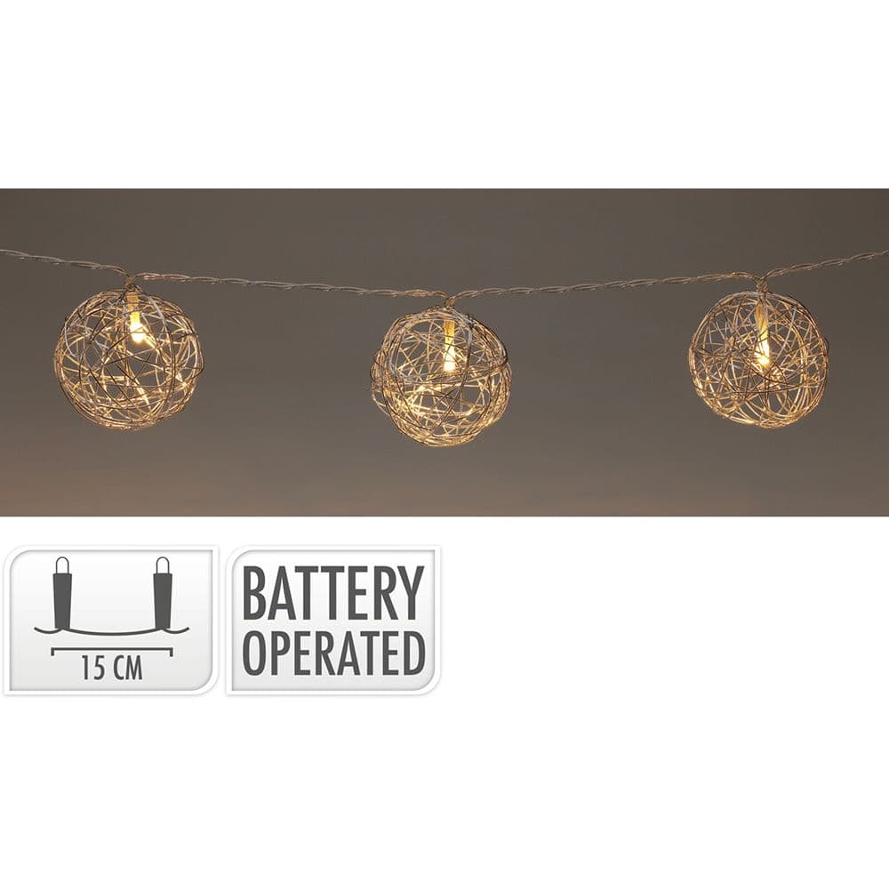 GUIRNALDA DE 10 BOLAS PLATEADAS DE ALAMBRE TRANSPARENTE 165 cm 2 x AA