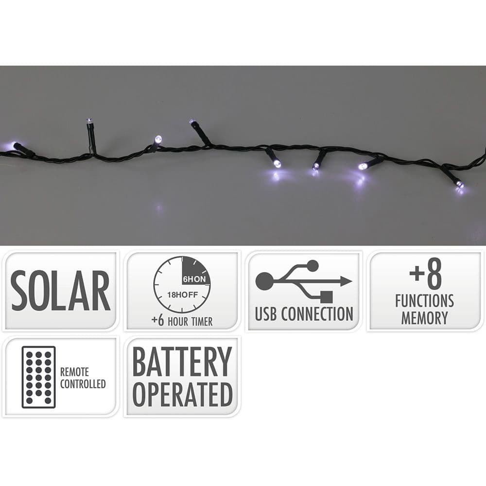 GUIRNALDA LED SOLAR 240 LEDS 13 FUNCIONES PARPADEANTE EXTERIOR BLANCO FRIO CABLE VERDE 10 m