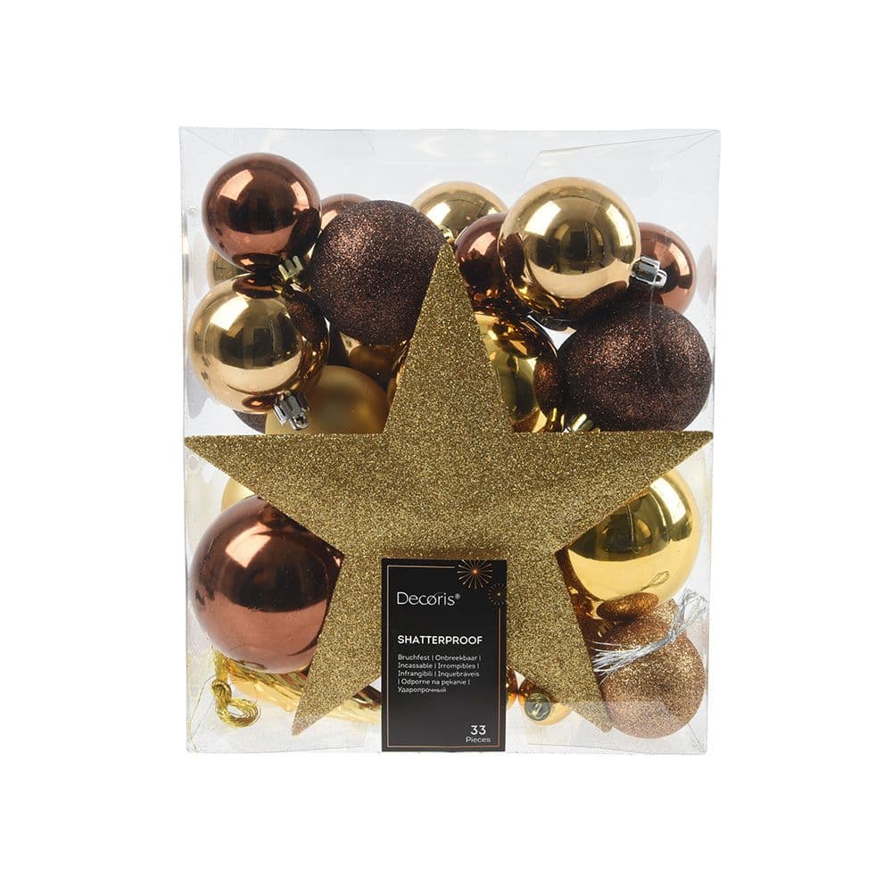 JUEGO DE 33 ADORNOS - COLORES DORADO Y MARRÓN.