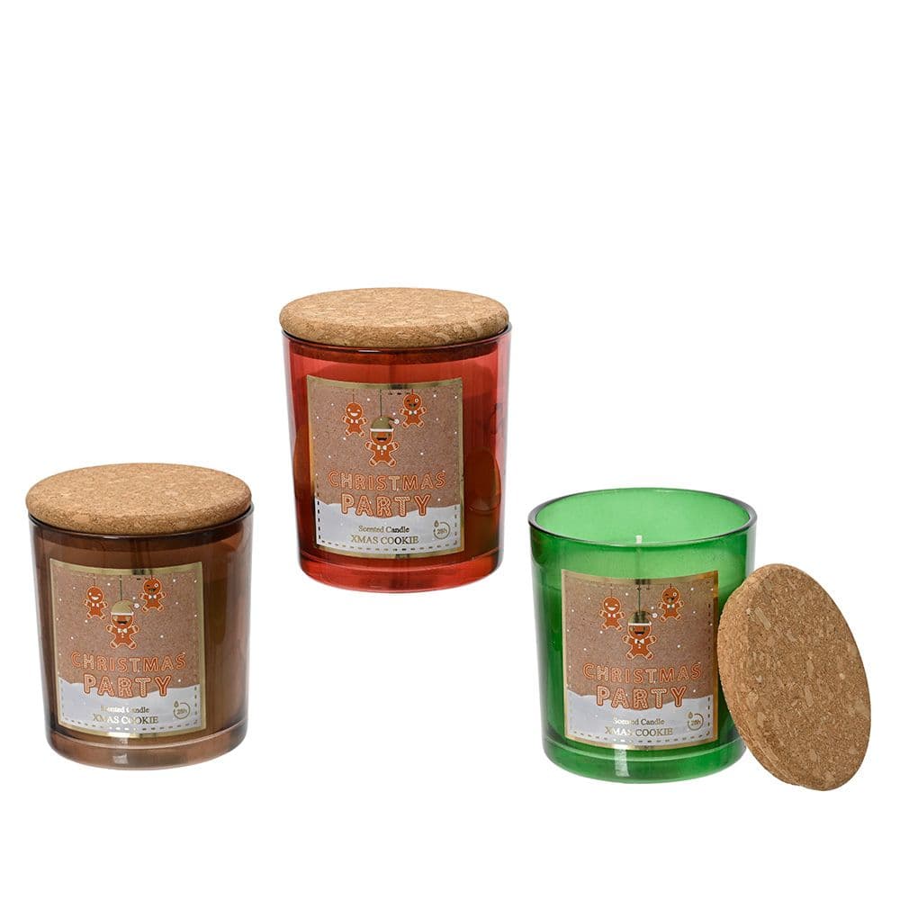 VELA DE CERA EN UN VASO DECORATIVO DE CRISTAL CON TAPA DE CORCHO, 3 MODELOS.