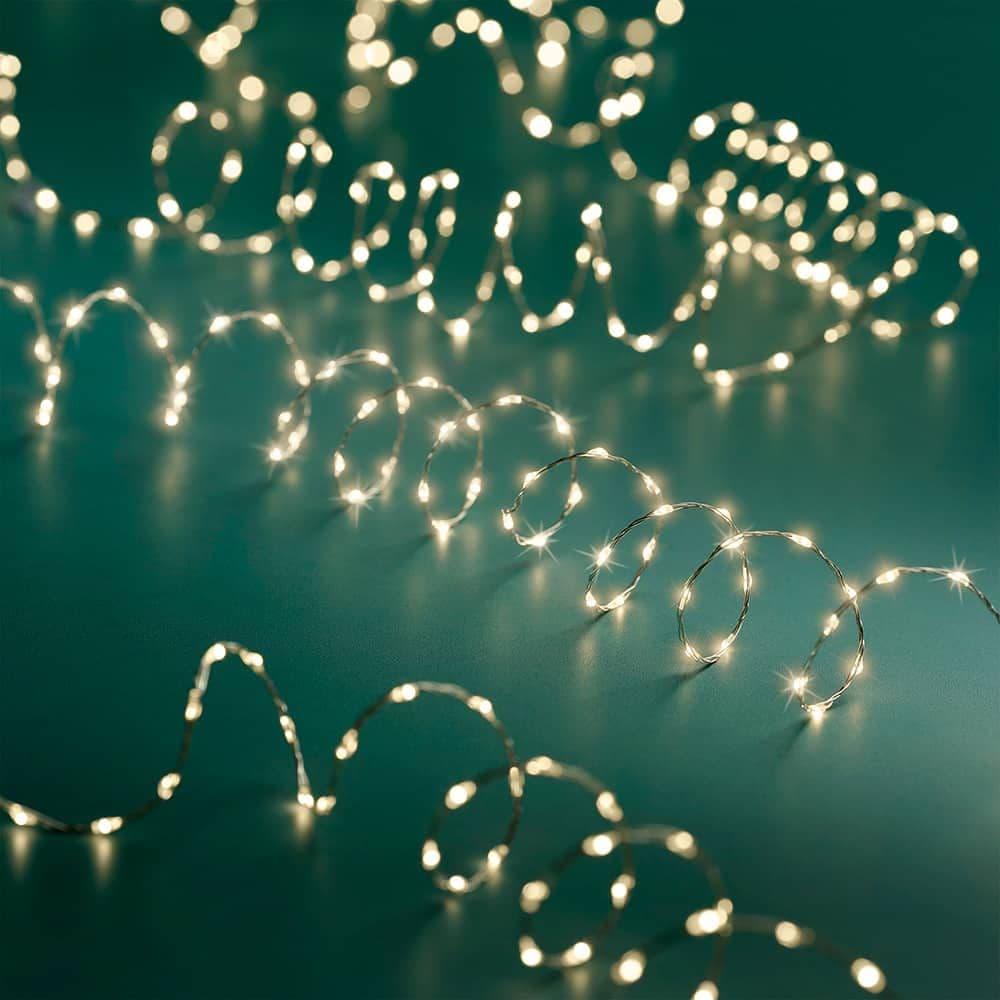 GUIRNALDA MICRO LED 378 LEDS LUZ CÁLIDA EXTERIOR CABLE ALAMBRE PLATEADO 6 m