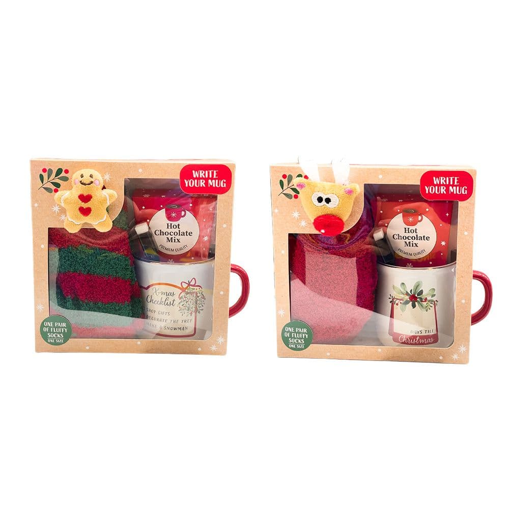 CAJA NAVIDEÑA, CONTIENE UNA TAZA, UN PAR DE CALCETINES Y CHOCOLATE EN POLVO, MODELO VARIADOS
