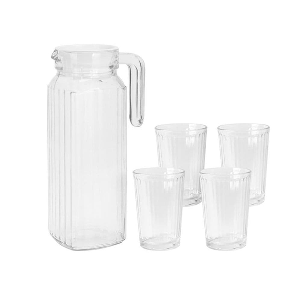 JARRA CRISTAL CON TAPA DE PLÁSTICO 1100 ml + 4 VASOS CRISTAL 200 ml
