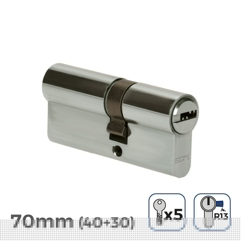 CILINDRO 70mm (40+30mm) NIQUELADO, LEVA CORTA R13 CON 5 LLAVES SEGURIDAD INCLUIDAS