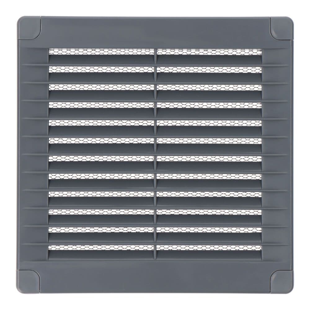 REJILLA VENTILACIÓN CUADRADA CON TAPONES Y MOSQUITERA 150x150x7mm ABS GRIS