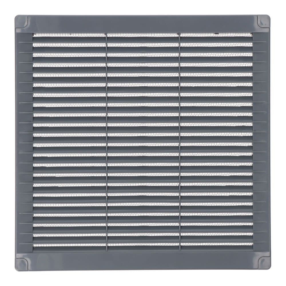 REJILLA VENTILACIÓN CUADRADA CON TAPONES Y MOSQUITERA 250x250x7mm ABS GRIS