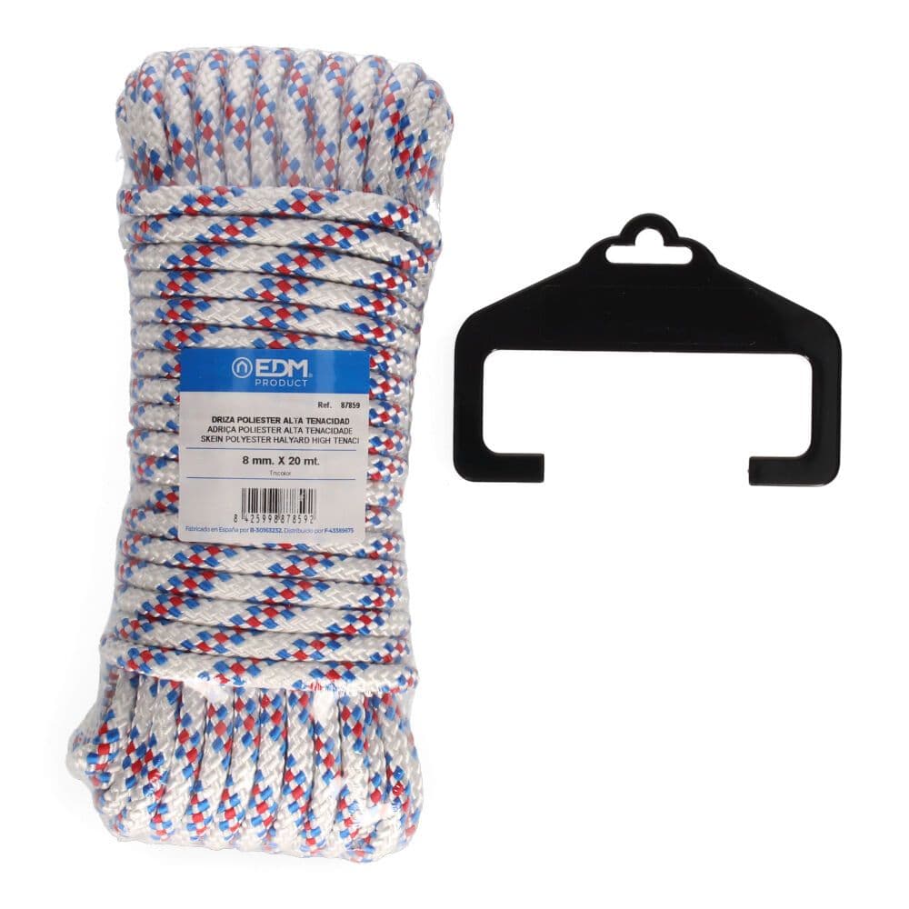 CUERDA DRIZA POLIESTER ALTA TENACIDAD TRICOLOR. CALIBRE 8 mm x 20 m