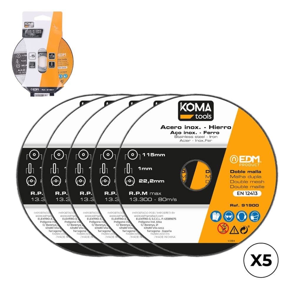 DISCOS CORTE HIERRO Y ACERO INOX Ø115 x 1,0 x 22,2 mm, 5 uds