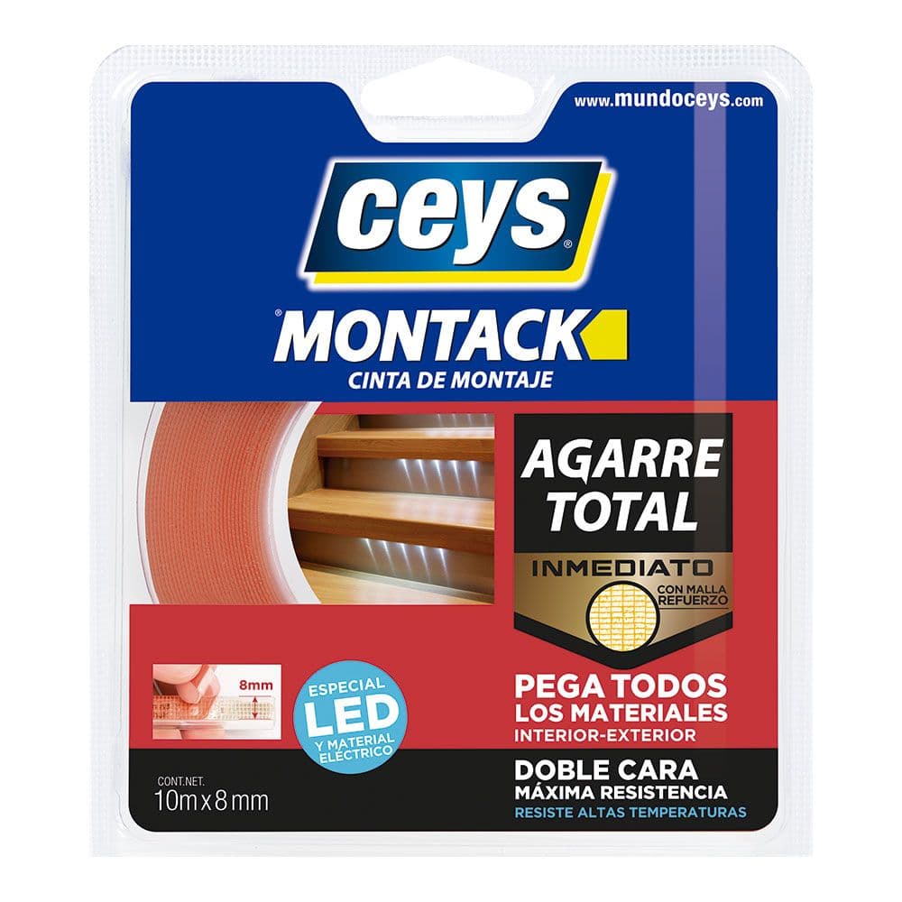 CINTA DOBLE CARA MONTACK AGARRE TOTAL ESPECIAL PARA LEDS 8 mm x 10 m, BLISTER