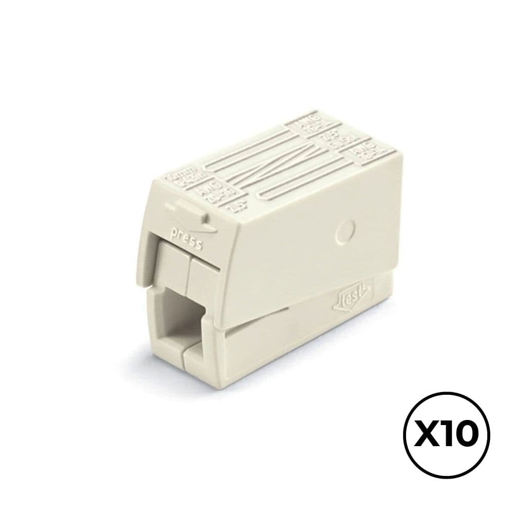 CONECTOR RÁPIDO EN LINEA PRESILLA 3 VIAS, 2 RÍGIDOS + 1 RÍGIDO, SEMIRÍGIDO O FLEXIBLE - Ø MÁXIMO 2,5 mm², BLANCO, 10 uds